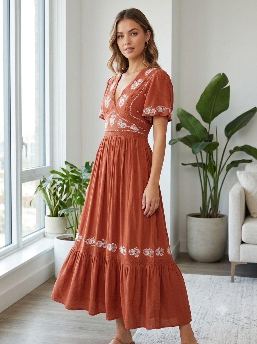 In Loom Rust Burnt Embroidered Flutter Sleeve Maxi Dress Fairly Y2K Small